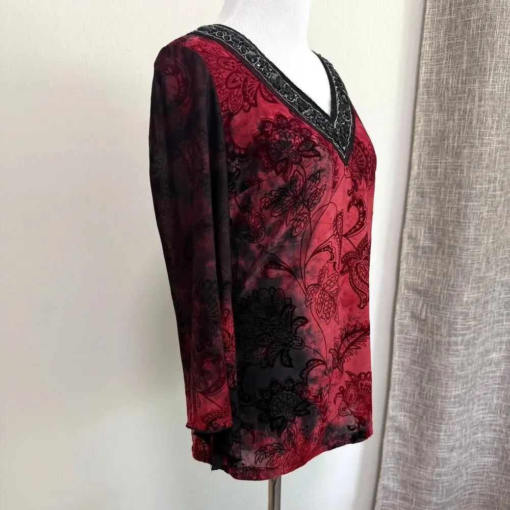 Sami & Jo Y2K Burnout Velvet Top S Red Black Fairy Grunge Flare Sleeve Beaded